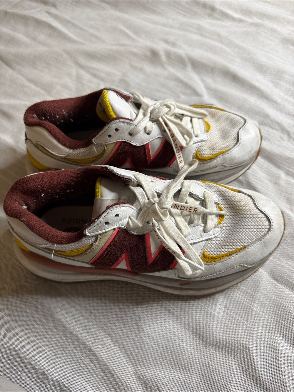 New Balance x Bandier Collab White Burgundy Yellow Athletic me Sneakers